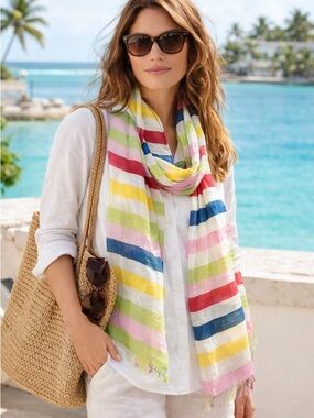 Talbots 100% Linen Striped Scarf Shawl Tassel Lightweight Coastal Resort Wrap